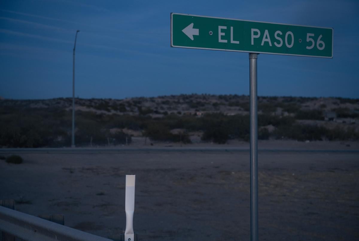 The onramp to I-10 towards El Paso, Texas. The Padilla family has to drive over an hour to El Paso from Fort Hancock for all their healthcare appointments. Fort Hancock, Texas on November 28, 2023.